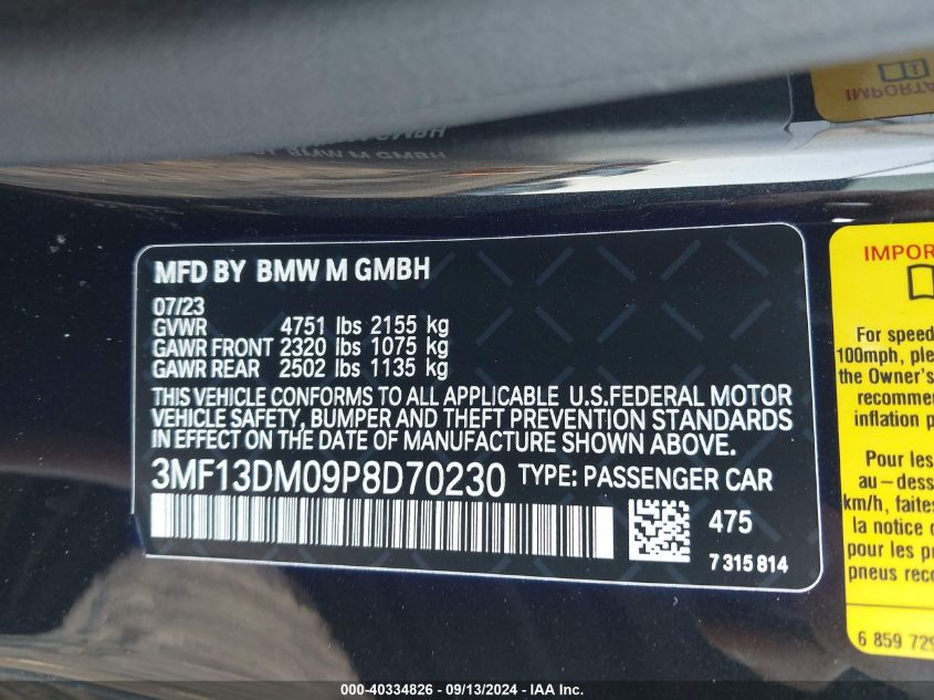 2023 BMW M2 VIN: 3MF13DM09P8D70230 Lot: 40334826