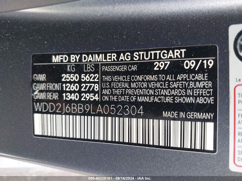 2020 Mercedes-Benz Amg Cls 53 4Matic VIN: WDD2J6BB9LA052304 Lot: 40335161