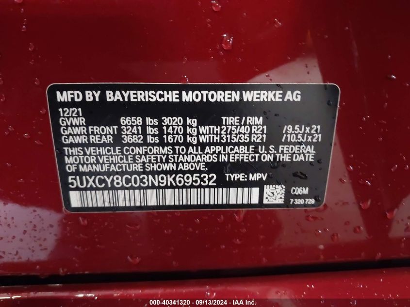 2022 BMW X6 M50I VIN: 5UXCY8C03N9K69532 Lot: 40341320