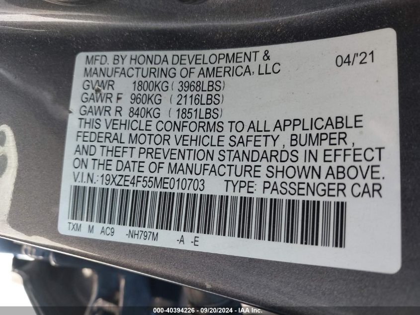 2021 Honda Insight Ex VIN: 19XZE4F55ME010703 Lot: 40394226