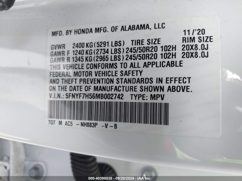 2021 Honda Passport 2Wd Ex-L VIN: 5FNYF7H56MB002742 Lot: 40398538