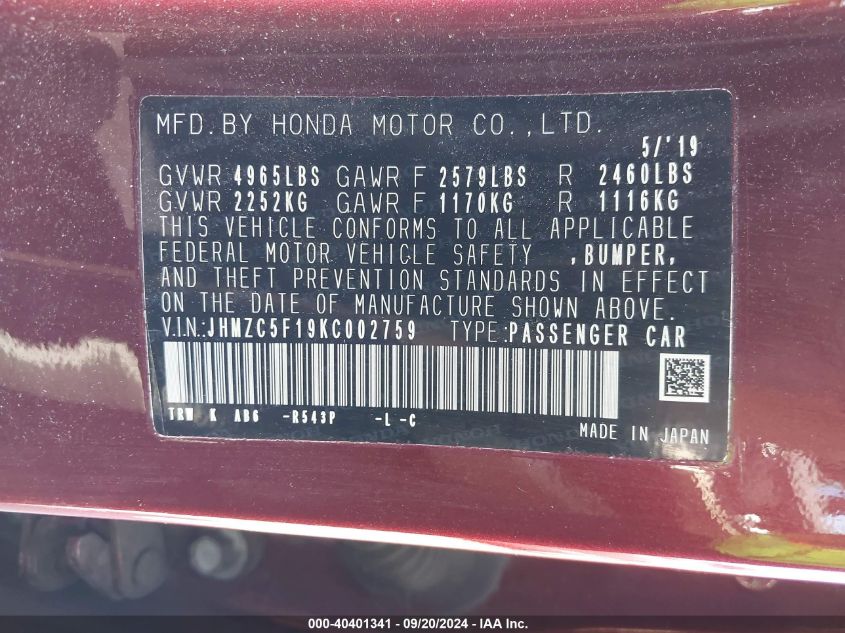 2019 Honda Clarity Plug-In Hybrid VIN: JHMZC5F19KC002759 Lot: 40401341