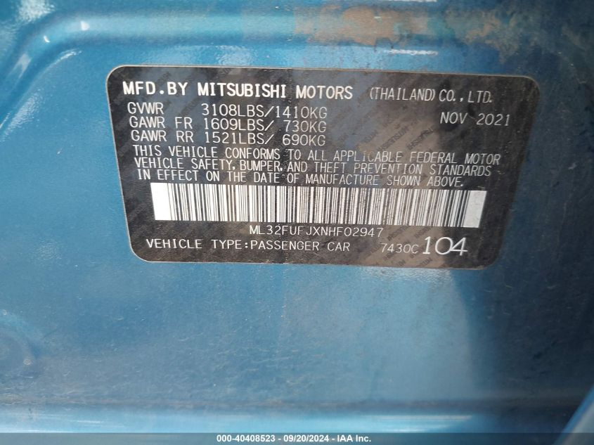 2022 Mitsubishi Mirage G4 Es VIN: ML32FUFJXNHF02947 Lot: 40408523