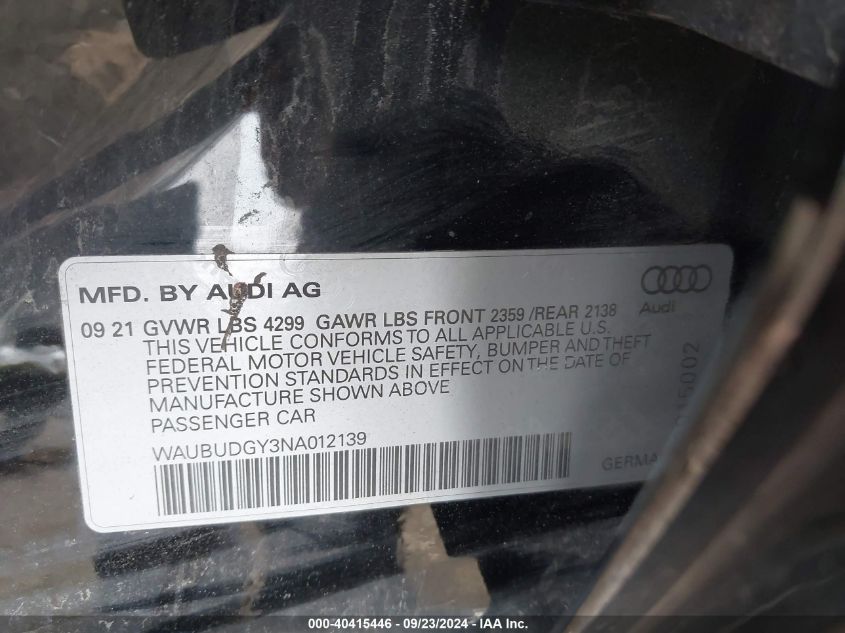 2022 Audi A3 Premium Plus 40 Tfsi Front-Wheel Drive S Tronic VIN: WAUBUDGY3NA012139 Lot: 40415446