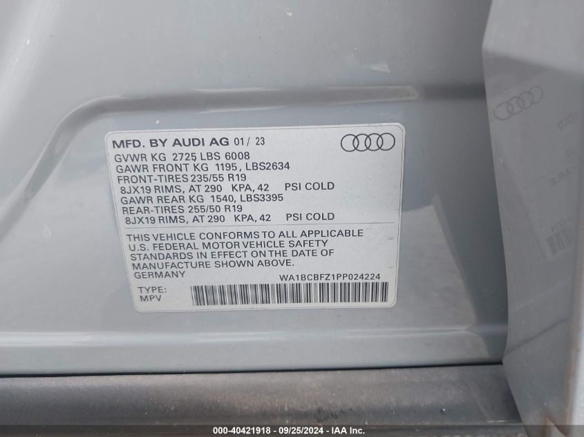 2023 Audi Q4 E-Tron Premium Plus 40 Rwd VIN: WA1BCBFZ1PP024224 Lot: 40421918