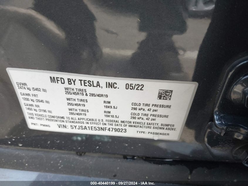 2022 Tesla Model S Dual Motor All-Wheel Drive VIN: 5YJSA1E53NF479023 Lot: 40440199