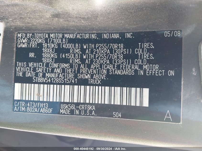 2008 Toyota Tundra Double Cab/Double Cab Sr5 VIN: 5TBBV54128S515741 Lot: 40445192