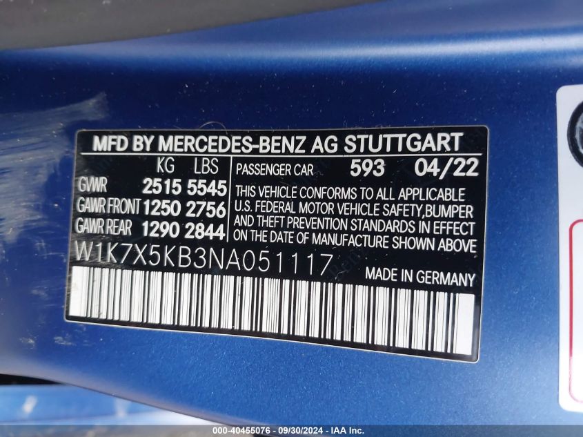 2022 Mercedes-Benz Amg Gt 43 4-Door Coupe VIN: W1K7X5KB3NA051117 Lot: 40455076