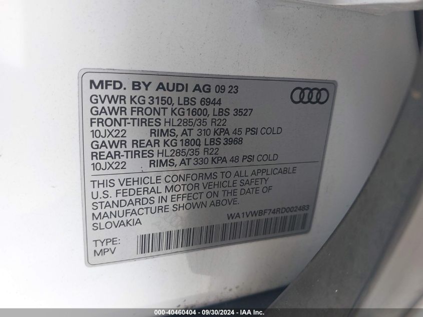 2024 Audi Sq7 Prestige Tfsi Quattro Tiptronic VIN: WA1VWBF74RD002483 Lot: 40460404