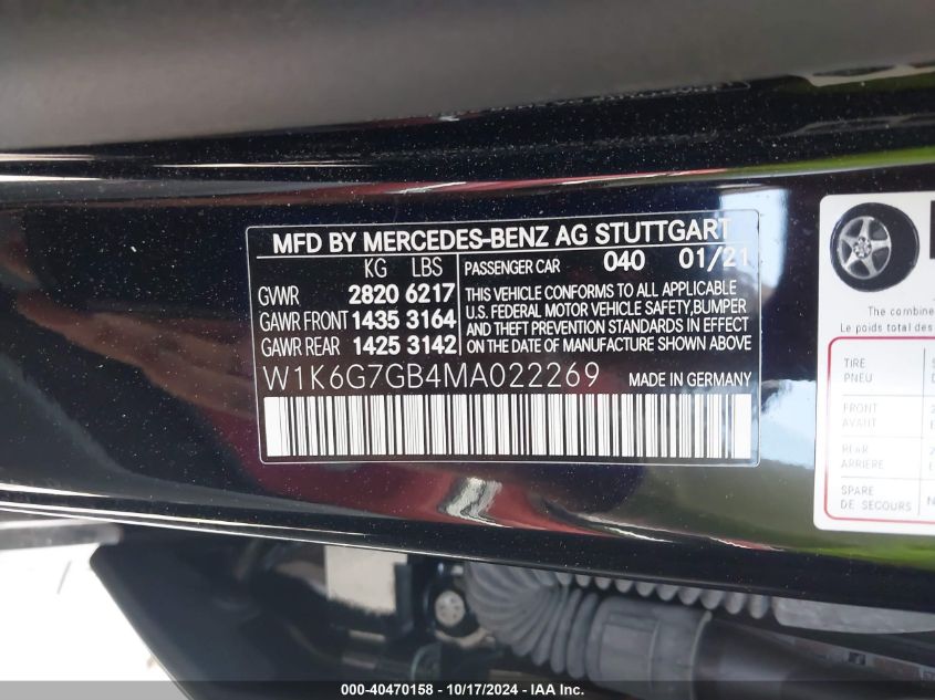 2021 Mercedes-Benz S 580 4Matic VIN: W1K6G7GB4MA022269 Lot: 40470158