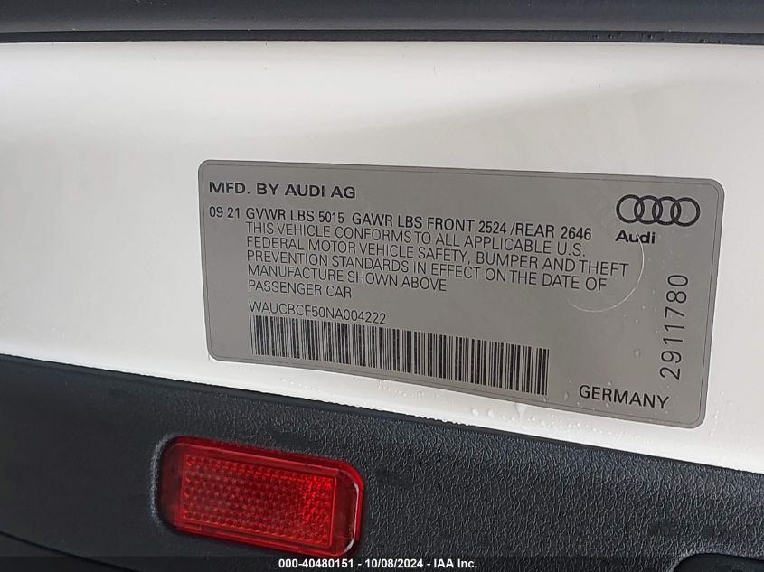 2022 Audi A5 Sportback Premium Plus 40 Tfsi Quattro S Tronic VIN: WAUCBCF50NA004222 Lot: 40480151