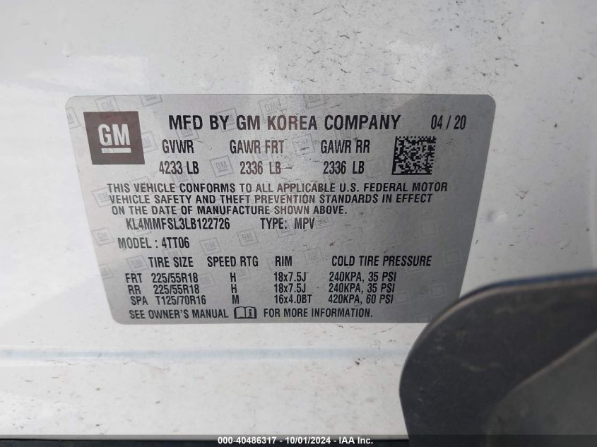 2020 Buick Encore Gx Fwd Essence VIN: KL4MMFSL3LB122726 Lot: 40486317