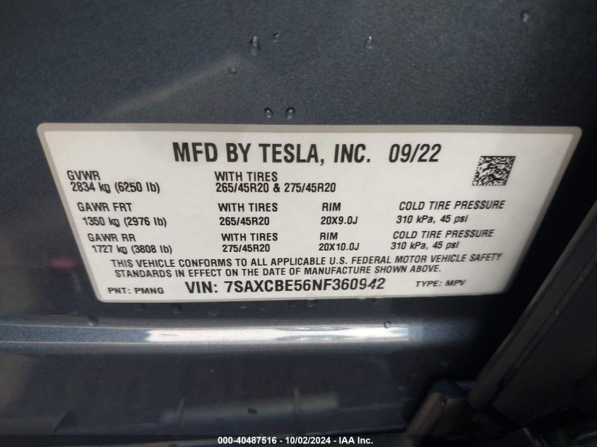 2022 Tesla Model X Dual Motor All-Wheel Drive VIN: 7SAXCBE56NF360942 Lot: 40487516