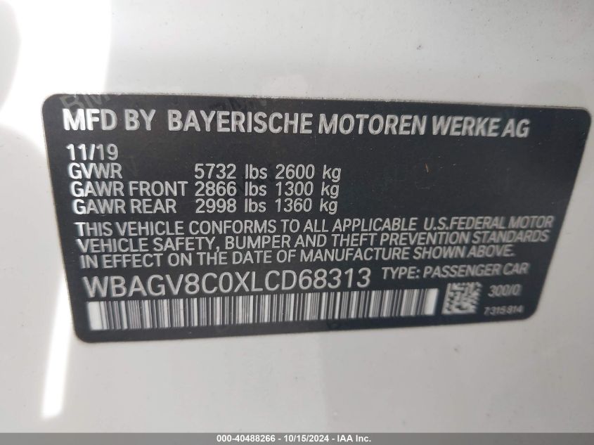 2020 BMW M850I Gtan Coupe xDrive VIN: WBAGV8C0XLCD68313 Lot: 40488266