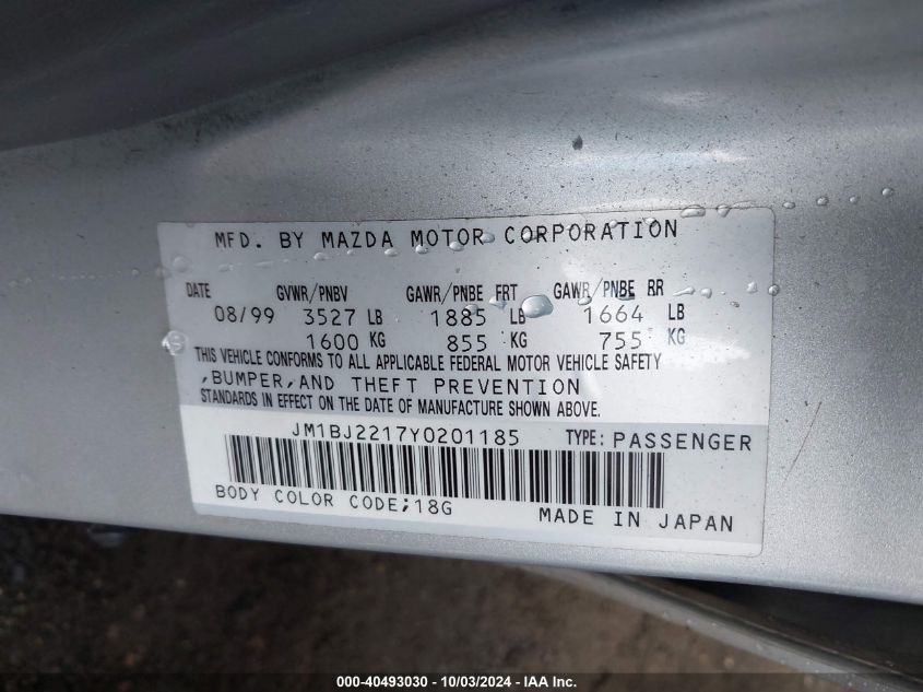 2000 Mazda Protege Es VIN: JM1BJ2217Y0201185 Lot: 40493030