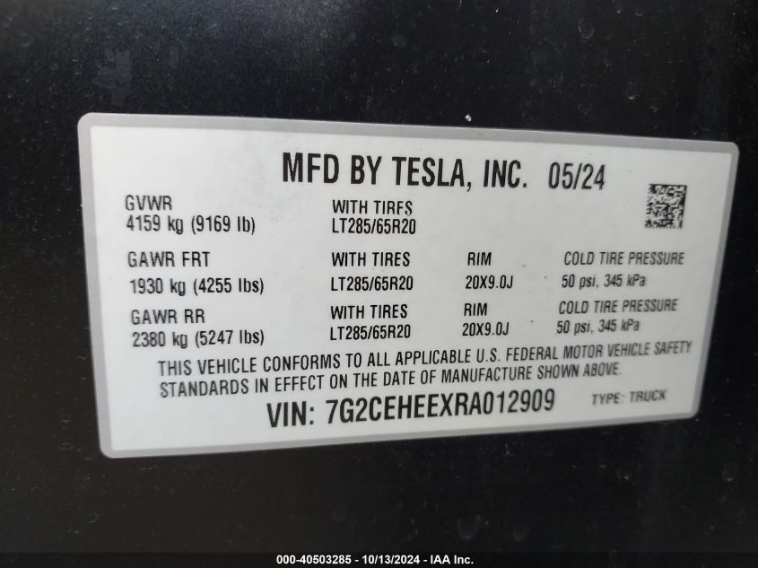 2024 Tesla Cybertruck Cyberbeast VIN: 7G2CEHEEXRA012909 Lot: 40503285