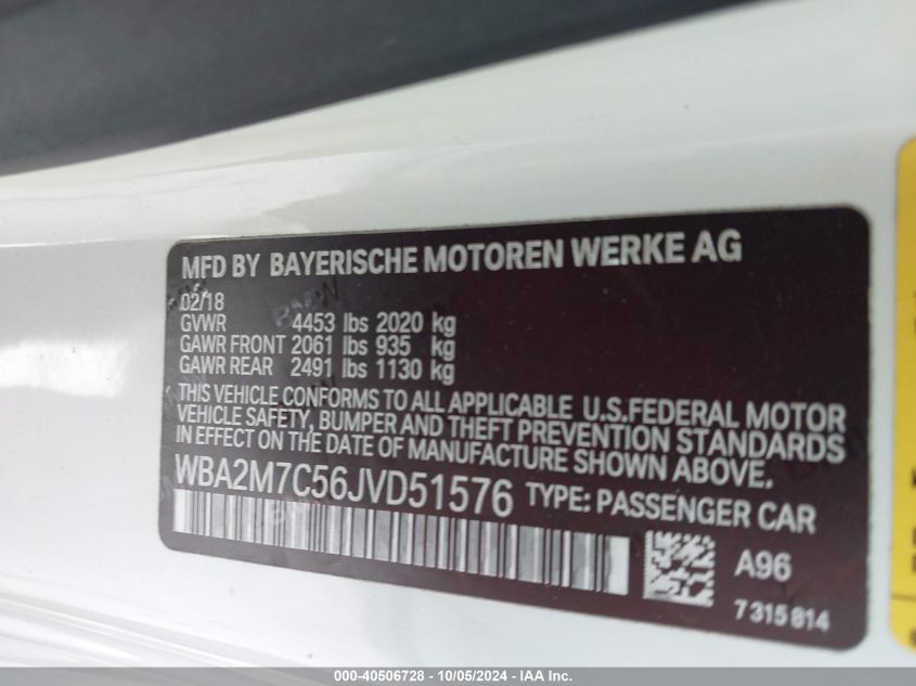 2018 BMW 230I VIN: WBA2M7C56JVD51576 Lot: 40506728