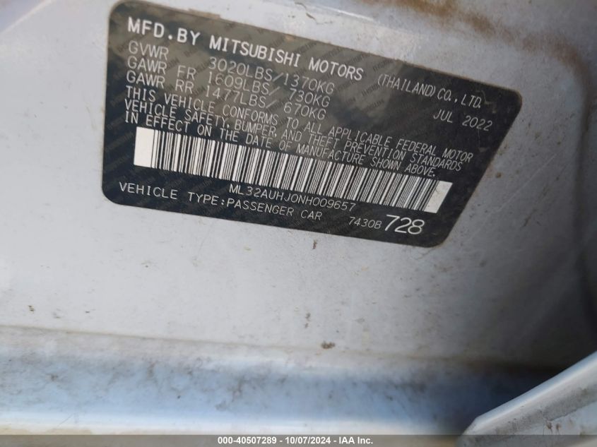 2022 Mitsubishi Mirage Es/Le VIN: ML32AUHJ0NH009657 Lot: 40507289