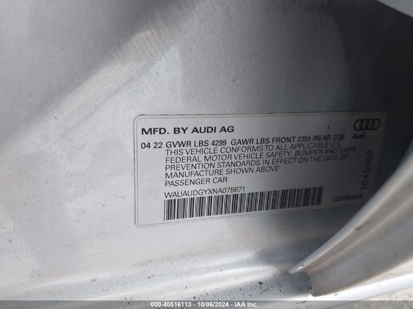 2022 Audi A3 Premium 40 Tfsi Front-Wheel Drive S Tronic VIN: WAUAUDGYXNA075671 Lot: 40516113