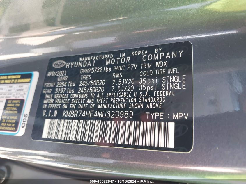 2021 Hyundai Palisade Calligraphy VIN: KM8R74HE4MU320989 Lot: 40522647