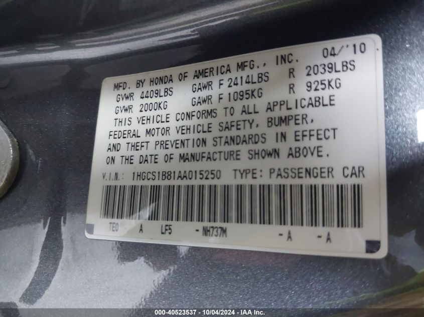 2010 Honda Accord 2.4 Ex-L VIN: 1HGCS1B81AA015250 Lot: 40523537