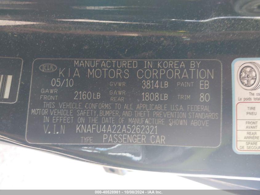 2010 Kia Forte Ex VIN: KNAFU4A22A5262321 Lot: 40528981