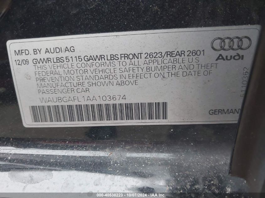 2010 Audi S4 3.0 Premium Plus VIN: WAUBGAFL1AA103674 Lot: 40538223