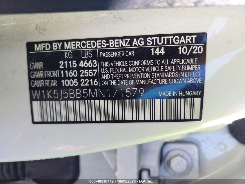 2021 Mercedes-Benz Cla Amg 35 4Matic VIN: W1K5J5BB5MN171579 Lot: 40538772