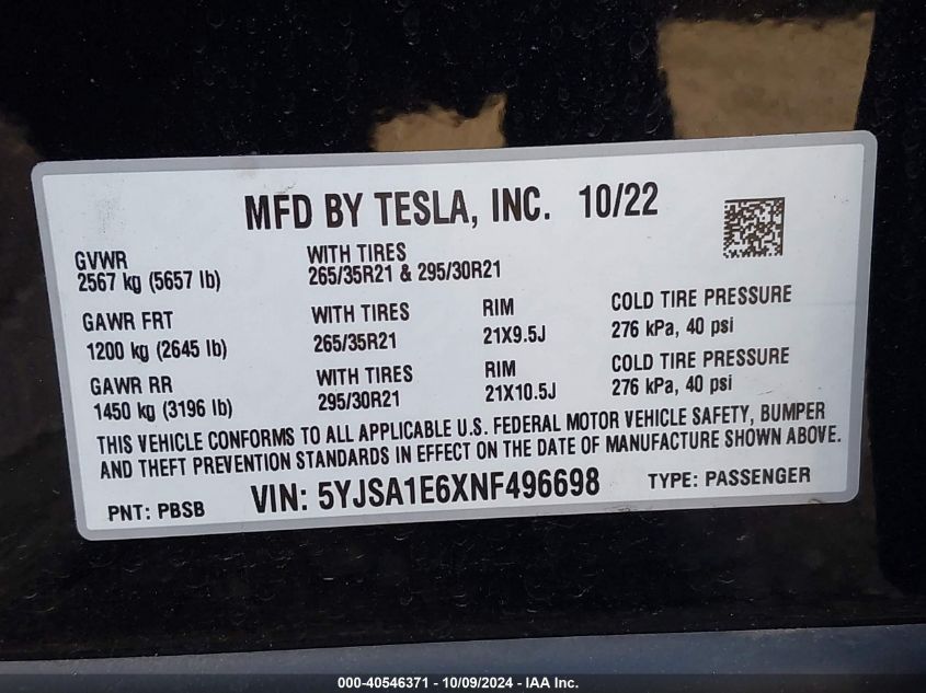 2022 Tesla Model S Plaid Tri Motor All-Wheel Drive VIN: 5YJSA1E6XNF496698 Lot: 40546371