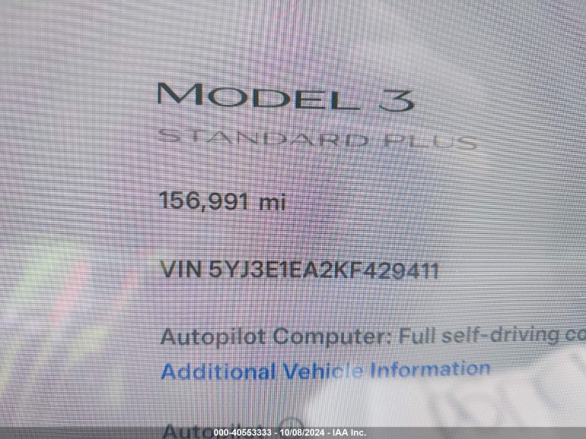 2019 Tesla Model 3 Long Range/Mid Range/Standard Range/Standard Range Plus VIN: 5YJ3E1EA2KF429411 Lot: 40553333