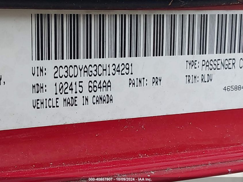 2012 Dodge Challenger Sxt VIN: 2C3CDYAG3CH134291 Lot: 40557907