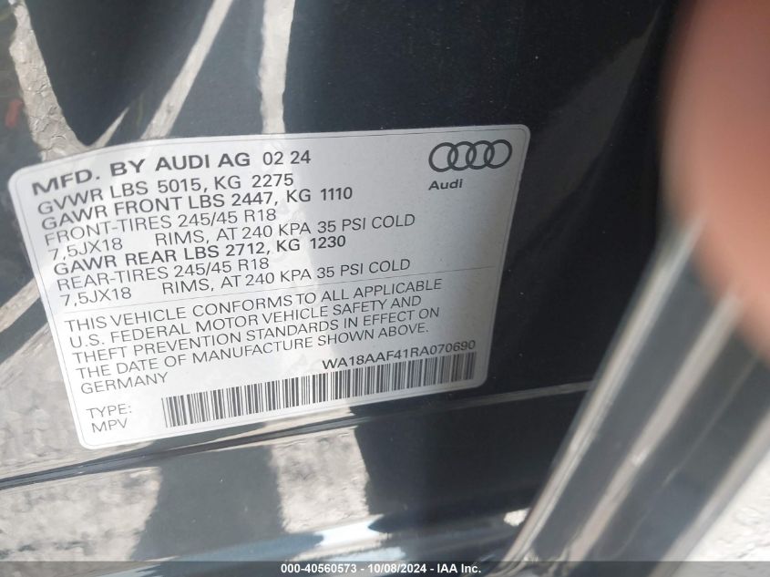 2024 Audi A4 Allroad Premium Plus 45 Tfsi Quattro S Tronic VIN: WA18AAF41RA070690 Lot: 40560573