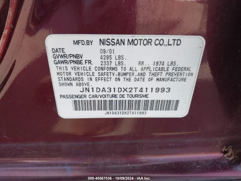 2002 Nissan Maxima Gle/Gxe/Se VIN: JN1DA31DX2T411993 Lot: 40567036