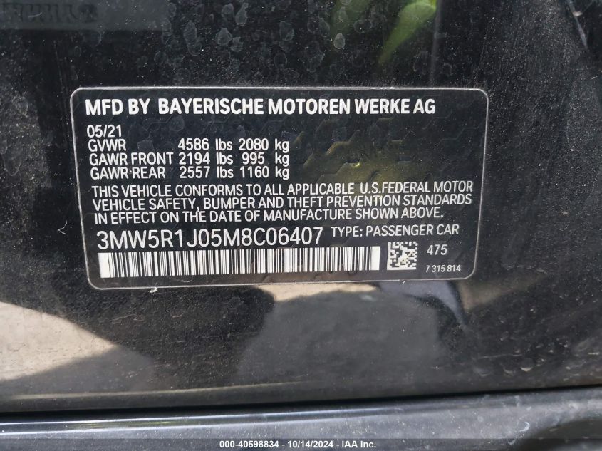 2021 BMW 330I VIN: 3MW5R1J05M8C06407 Lot: 40598834