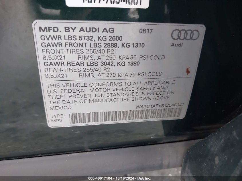 2018 Audi Sq5 3.0T Premium Plus VIN: WA1C4AFY8J2046941 Lot: 40617104