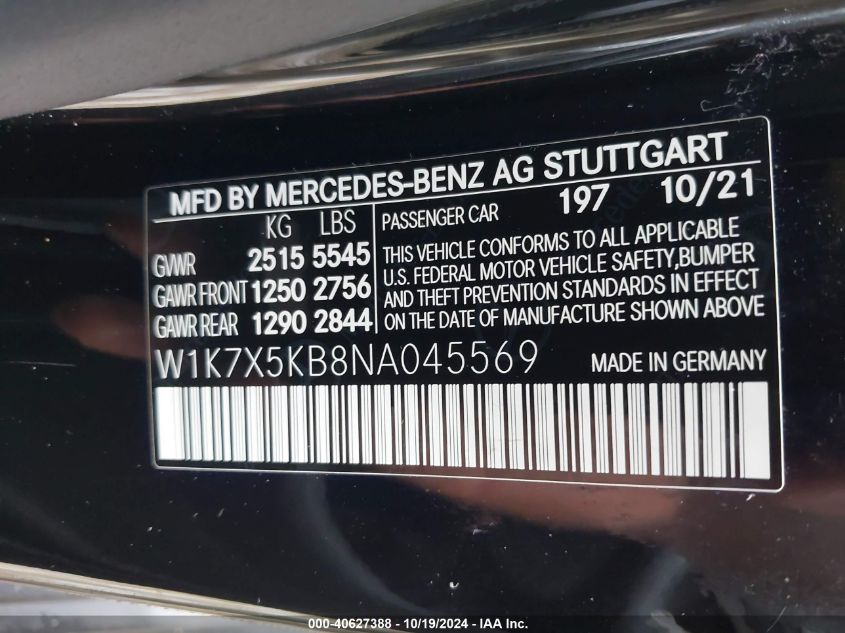 2022 Mercedes-Benz Amg Gt 43 VIN: W1K7X5KB8NA045569 Lot: 40627388