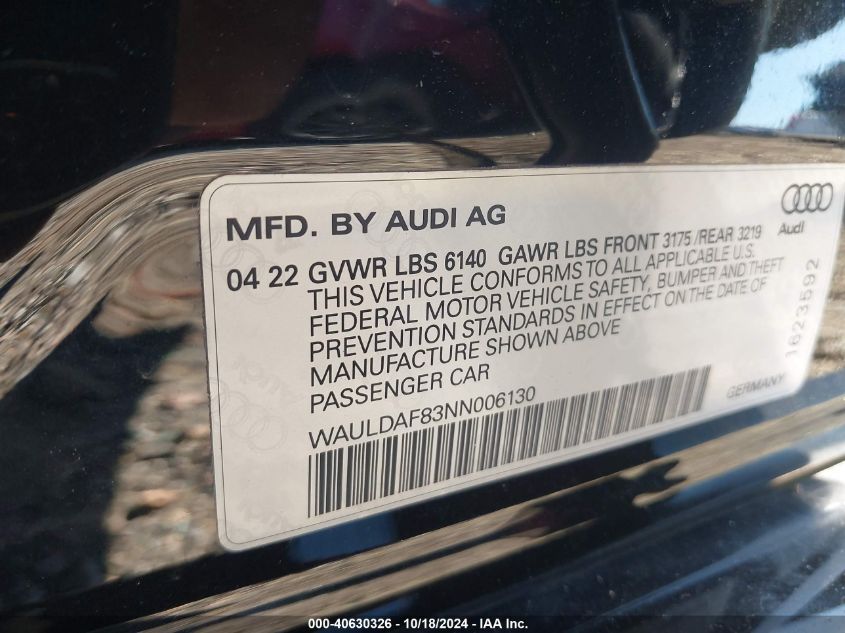 2022 Audi A8 L 55 Tfsi Quattro Tiptronic VIN: WAULDAF83NN006130 Lot: 40630326