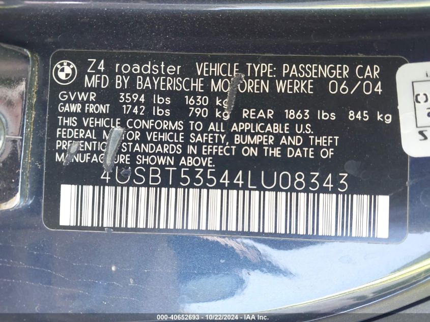 2004 BMW Z4 3.0I VIN: 4USBT53544LU08343 Lot: 40652693
