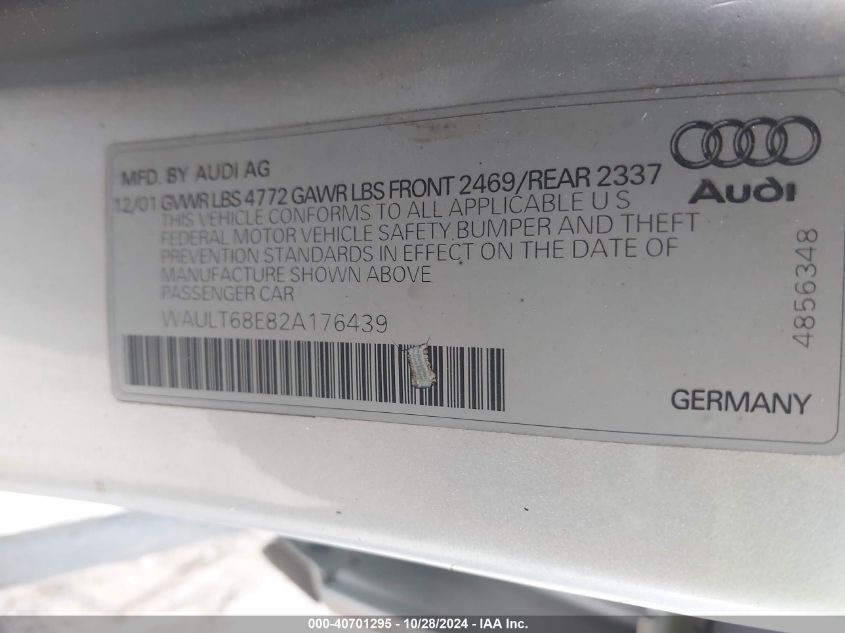 2002 Audi A4 3.0 VIN: WAULT68E82A176439 Lot: 40701295