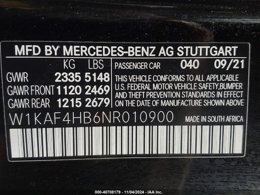 2022 Mercedes-Benz C 300 4Matic VIN: W1KAF4HB6NR010900 Lot: 40708179