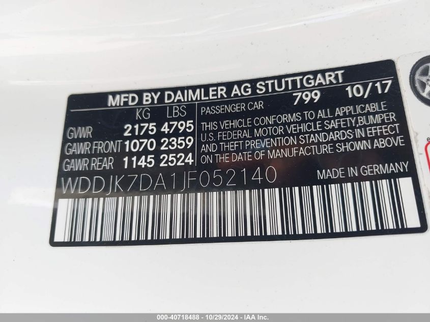 2018 Mercedes-Benz Sl 550 VIN: WDDJK7DA1JF052140 Lot: 40718488