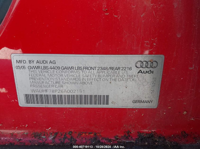 2006 Audi A3 2 VIN: WAUHF78P26A002151 Lot: 40719113