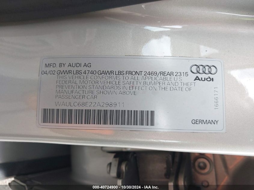 2002 Audi A4 1.8T VIN: WAULC68E22A298911 Lot: 40724900