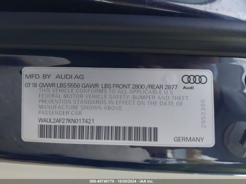 2019 Audi A6 55 Premium VIN: WAUL2AF27KN017421 Lot: 40740170