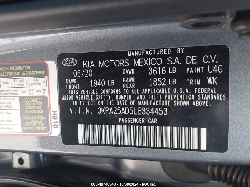 2020 Kia Rio 5-Door S VIN: 3KPA25AD5LE334453 Lot: 40746640