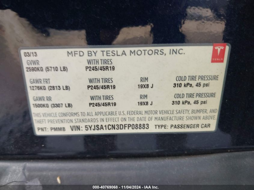 2013 Tesla Model S VIN: 5YJSA1CN3DFP08883 Lot: 40769068