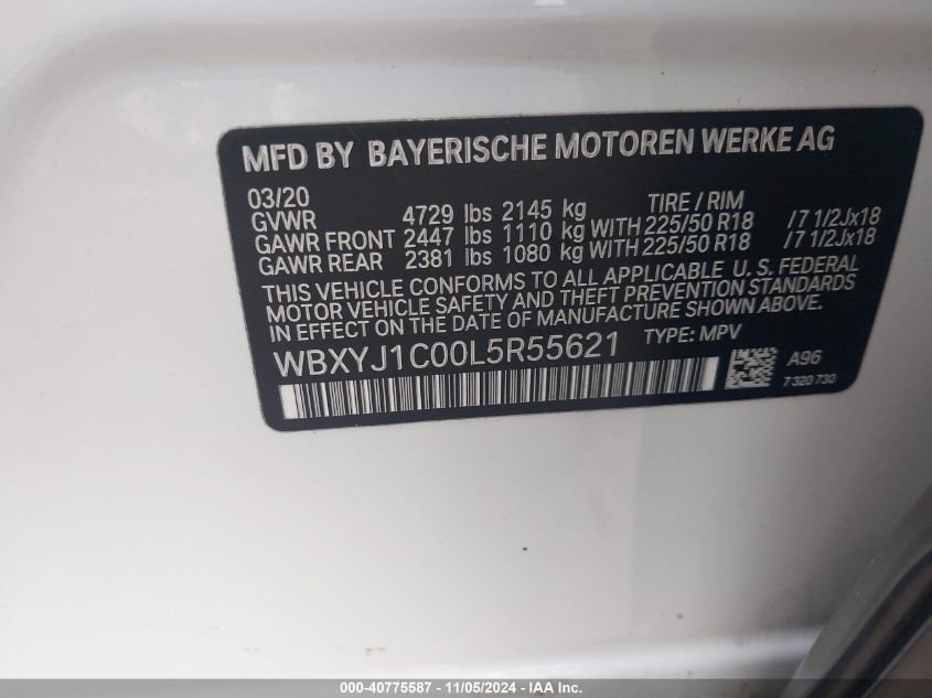 2020 BMW X2 xDrive28I VIN: WBXYJ1C00L5R55621 Lot: 40775587