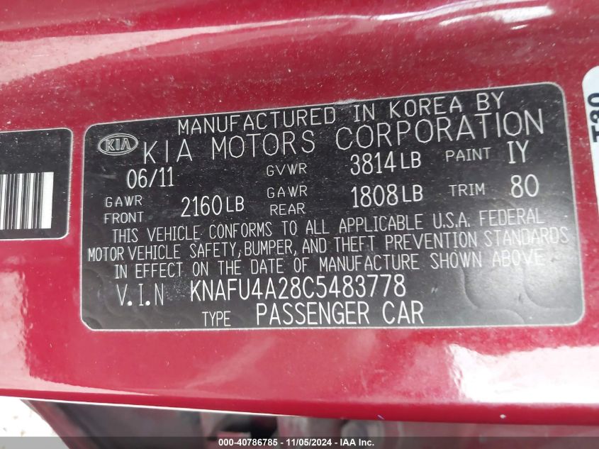 2012 Kia Forte Ex VIN: KNAFU4A28C5483778 Lot: 40786785