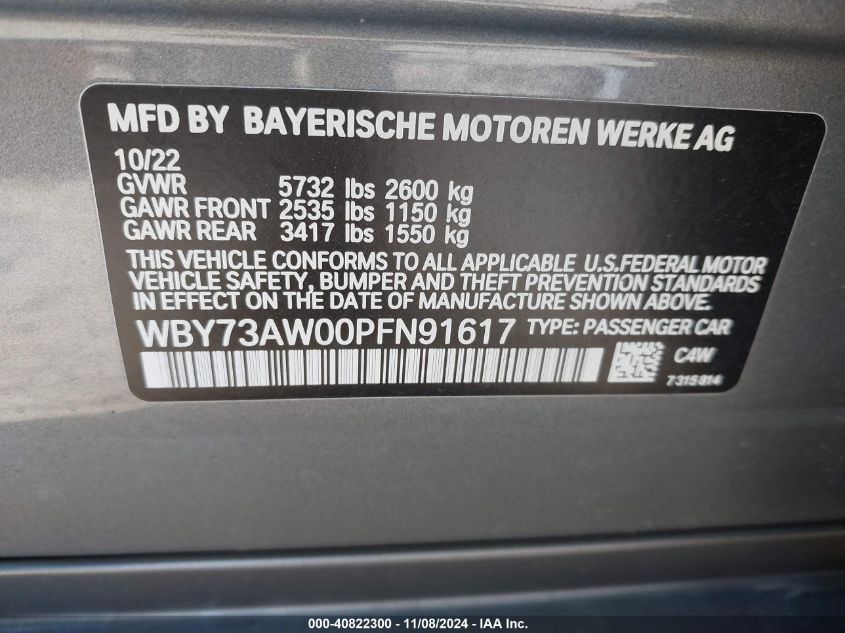 2023 BMW I4 Edrive40 VIN: WBY73AW00PFN91617 Lot: 40822300