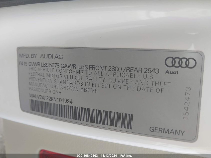 2019 Audi A7 55 Premium VIN: WAUV2AF22KN101994 Lot: 40840463